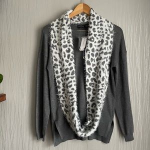 Dress Barn Verve Ami Gray Sweater With Snow Leopard Infinity Scarf Size Small